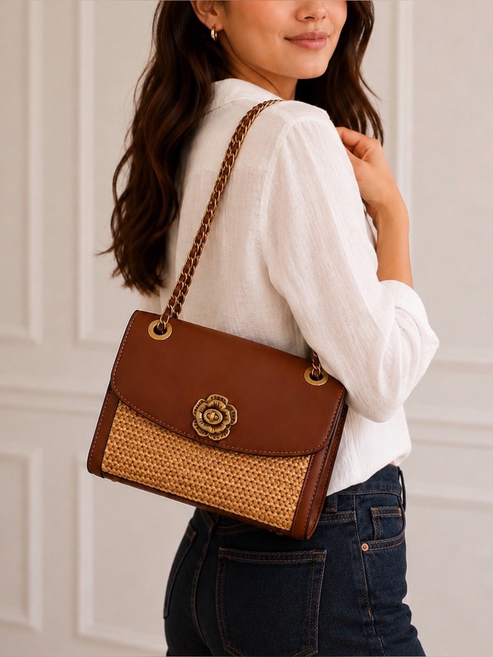 Coach Tea Rose Turnlock Chain Shoulder Bag Straw Raffia & Saddle Brown Leather